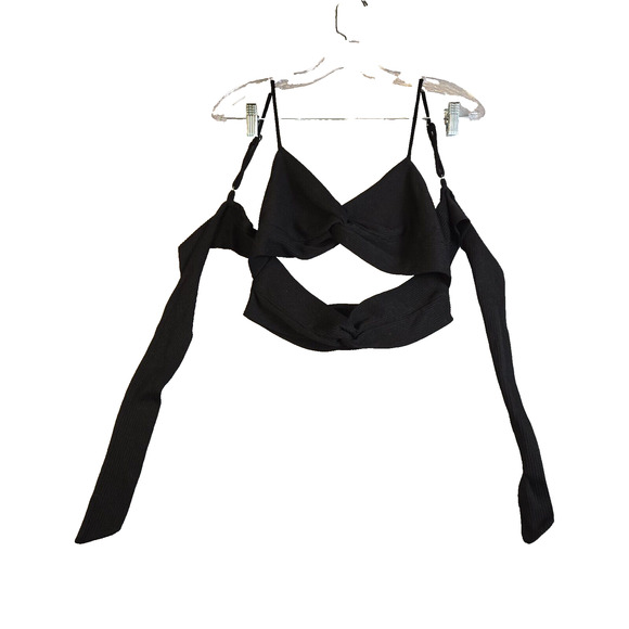 Iris Medium Top Criss Cross Halter Spaghetti Strap Back Tie Black Knit Cut Out - Picture 1 of 12